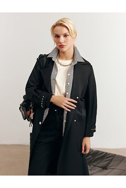 Kayra Trok Printed Trench Coat Black