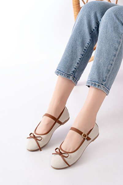 Budi 6321 Beige Linen Daily Helmet Ballerinas with Buckle