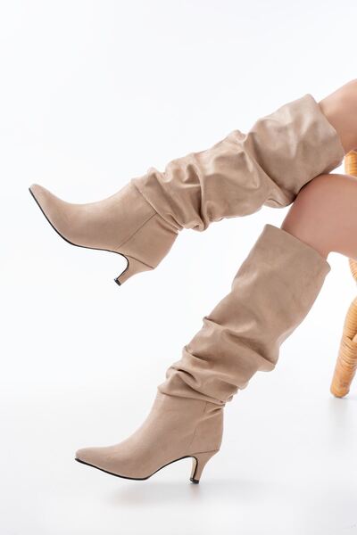 Budi Sr-2001 Beige Suede Thin Heeled Daily Boots