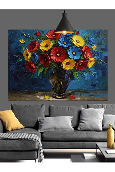 Artmeg Parlak Renkli Çiçeklerden Oluşmuş Vazo Dekoratif Kanvas - Mdf Ahşap Tablo