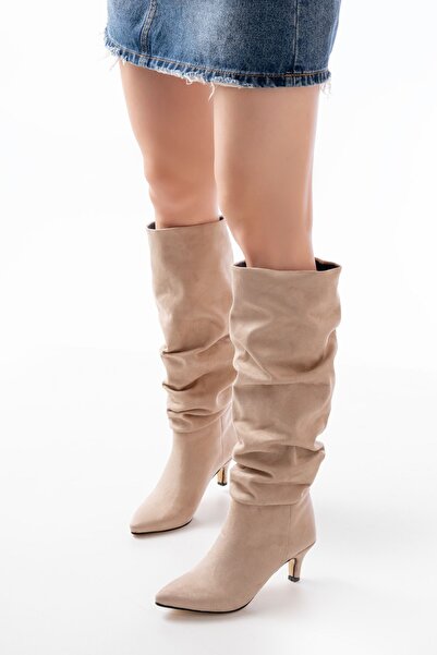 Budi Sr-2001 Beige Suede Thin Heeled Daily Boots