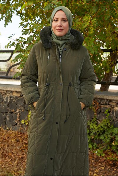 TRENDTESETTÜR Women's Khaki Hooded Puffer Coat t 2207