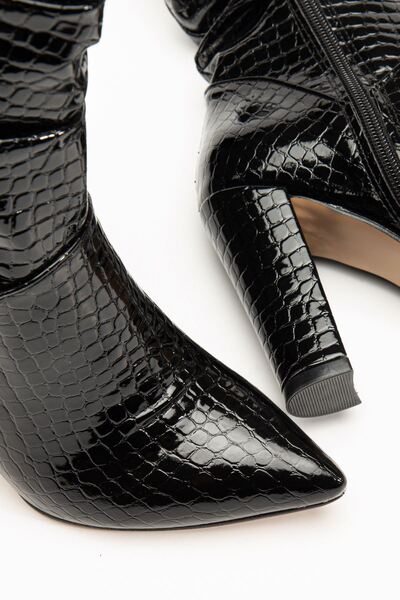 Budi Vrt-4815 Black Crocodile High Thick Heeled Women's Boots with Gusseted Zipper