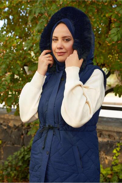 TRENDTESETTÜR Women's Navy Blue Hooded Puffer Vest t 2307