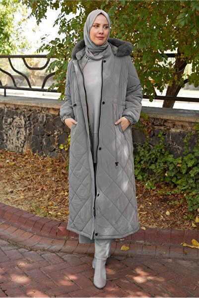 TRENDTESETTÜR Women's Grey Hooded Puffer Coat t 2007