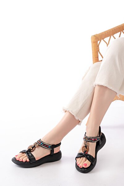 Budi Dm-608 Black Stone Back Elastic Daily Women's Sandals