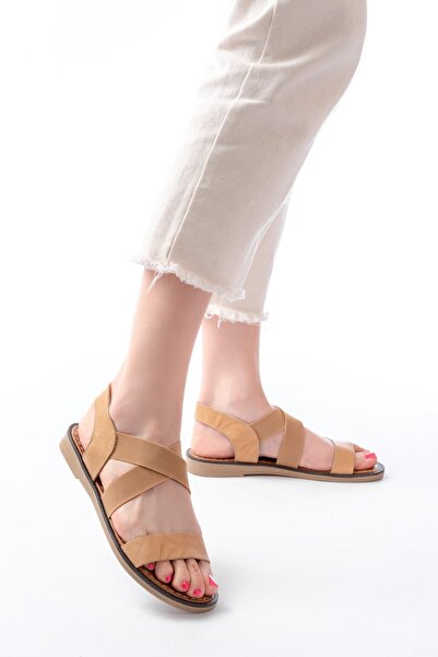 Budi 205-04 Beige Single Strap Elastic Genuine Leather Orthopedic Sole Women's Sandals