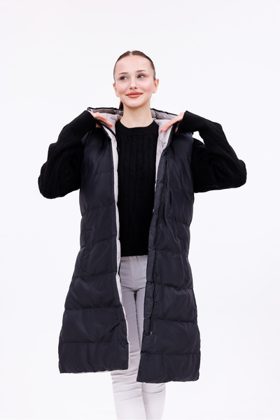 Modayıldızlar Сірий чорний двосторонній довгий надувний жилет з капюшоном