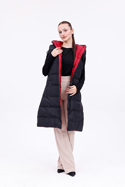 Modayıldızlar Чорний двосторонній довгий надувний жилет з капюшоном бордового...