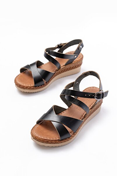 Budi 731-045 Black Cross Genuine Leather Wedge Heeled Daily Women's Sandals