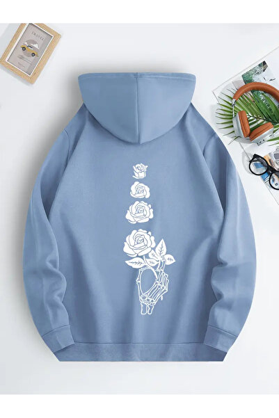 ibibik moda Erkek İskelet El ve Gül Baskılı Kapüşonlu Hoodie