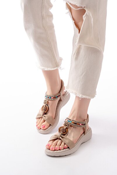 Budi Dm-608 Beige Stone Back Elastic Daily Women's Sandals