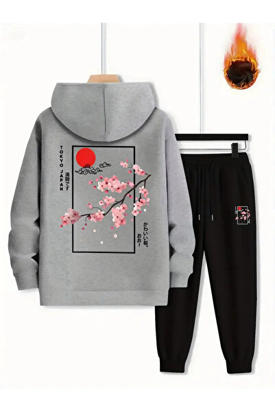 ibibik moda طقم بدلة رياضية بقلنسوة مطبوعة بتصميم ساكورا للرجال