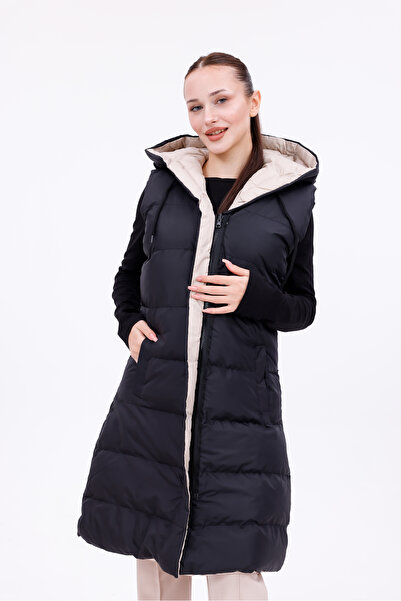 Modayıldızlar Διπλής όψης με κουκούλα Μακρύ φουσκωτό γιλέκο μαύρο μπεζ