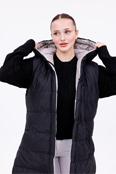 Modayıldızlar Сірий чорний двосторонній довгий надувний жилет з капюшоном