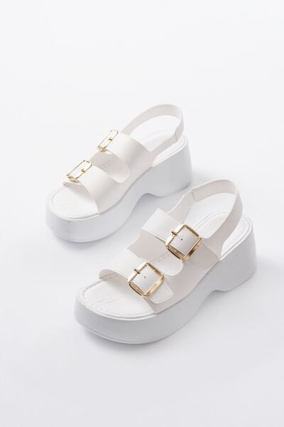 Budi 24414-572 White Buckle Daily Wedge Heel Women's Sandals