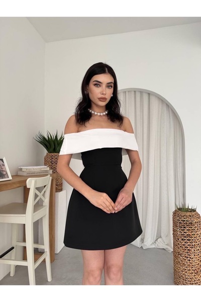 Genel Markalar Straplez A Kesim Siyah Beyaz Mini Elbise