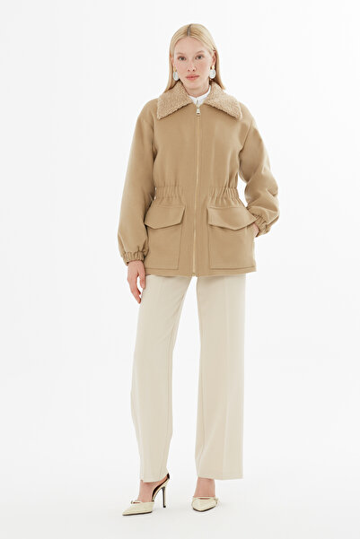 GİZİA Yakası Kürklü Belden Lastikli Uzun Mont