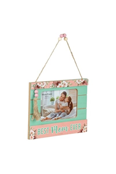 SHOPIENS Decorative Photo Frame, 'Best Mom Ever', Wood, Salmon and Green Colors, 22x16.9cm