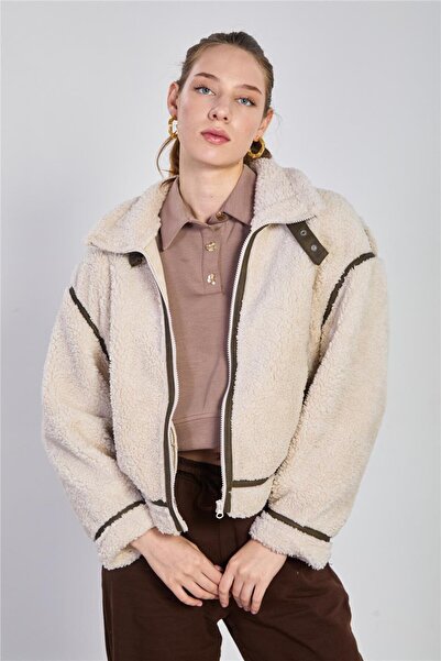 BARRELS AND OIL Women's Leather Garnished Welsoft Coat - Stone Color