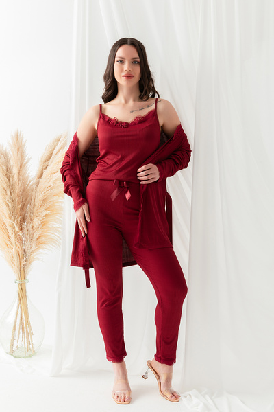 BAMBUTKİDS 3 Parça Sabahlıklı Dantel Kadın Pijama Takımı – Çeyizlik Şık Set, Geniş Beden Seçeneği