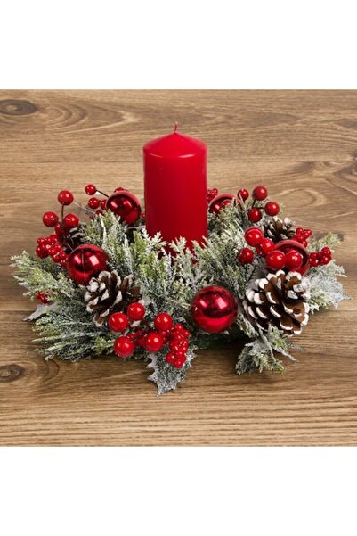 SHOPIENS Candle Wreath, Christmas Model, Pine Cones, Berries, and Pompons, Diameter 34 cm, Red
