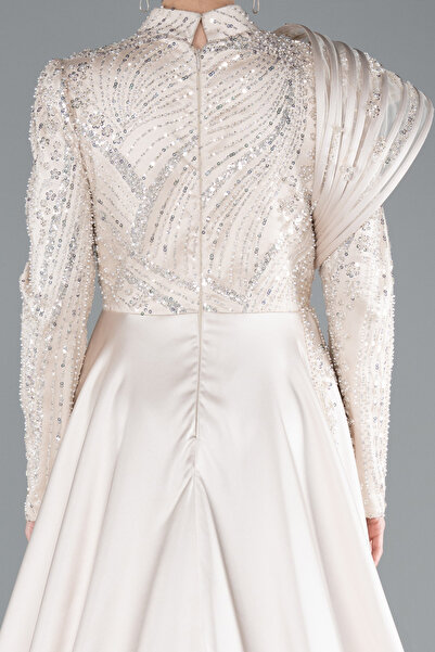 Abiyefon Bej Taşlı Uzun Kol Saten Büyük Beden Tesettür Abiye ABU5083