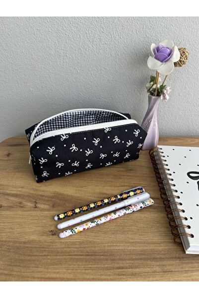 minyaturhayalim Siyah Fiyonk Puantiyeli desenli beyaz fermuarlı kalemlik kale...