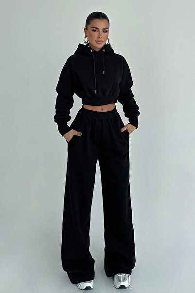 Eyyo Black Scarf Hooded Tracksuit Set Ate-3697