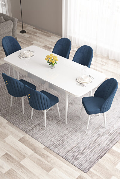 Canisa Roz Serisi,80x132 Mdf Açılabilir Beyaz Mutfak Masası Takımı 6 Lacivert Sandalye Gold Halkalı
