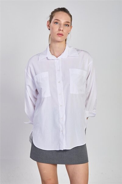 BARRELS AND OIL Women's Double Pocket Long Sleeve Shirt - White