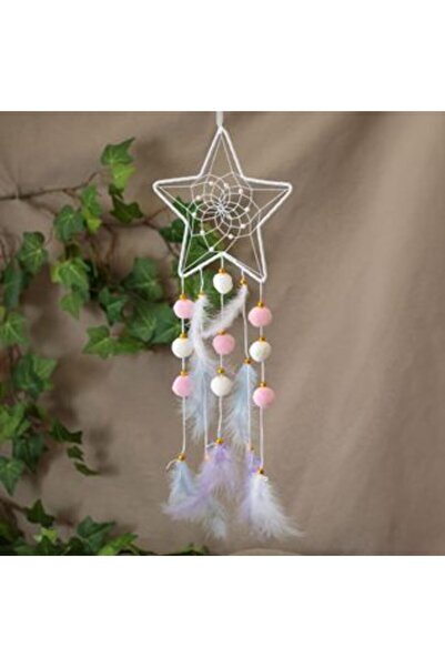 SHOPIENS Decorative Ethnic Dreamcatcher Star White with Pink Pompon, Beads & Feathers 20 x 55 cm