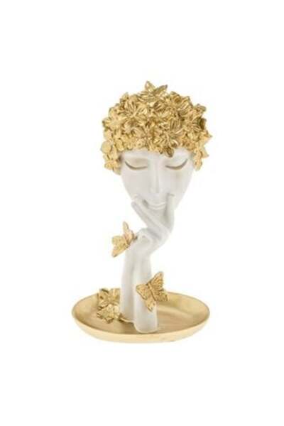 Jumbo Figurină decorativă din polirășină - față albă cu flori și fluturi aurii 15 x 10 x 28 cm