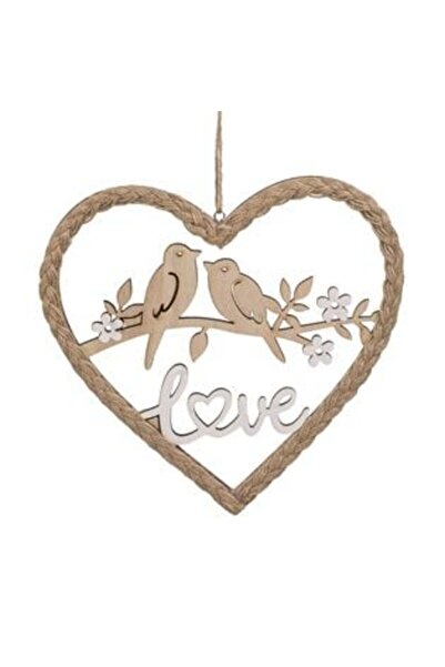 SHOPIENS Inimă decorativă suspendată din lemn cu păsări și mesaj de „Dragoste”