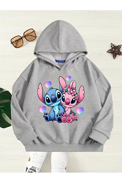 oneagılyazı Kalpli Sevimli Stitch ve Melek Kapüşonlu Sweatshirt