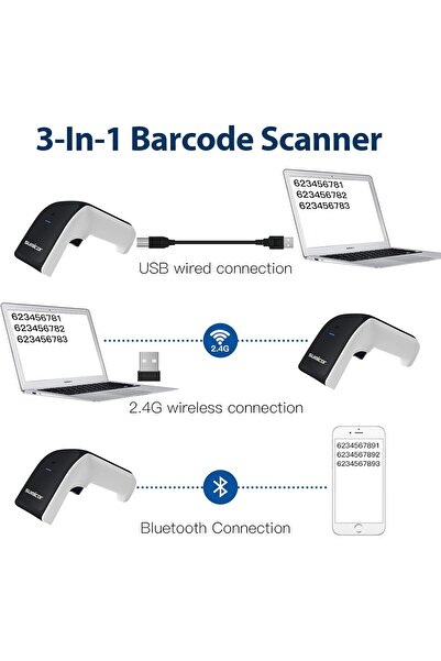 Generic Sumicor 2D Barcode Scanner, White Black Handheld Bar Code Scanner 3 in 1 USB Wired & 2.4G Wireless &