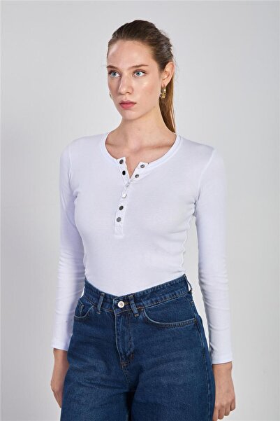 BARRELS AND OIL Women's Long Sleeve Bodysuit with Snap Buttons on the Front - White