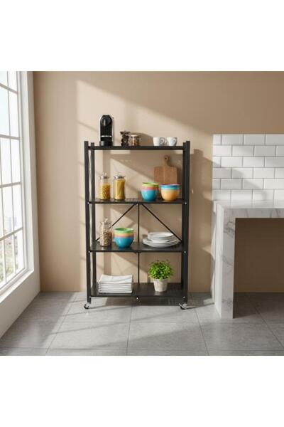 Family Ship Metal Storage Shelf Unit, 4-Tier with Wheels, Foldable - Black