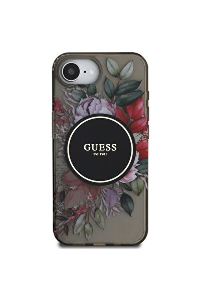 Guess Case for IPhone 16e, IML Flowers with Pearl Strap MagSafe, - Black