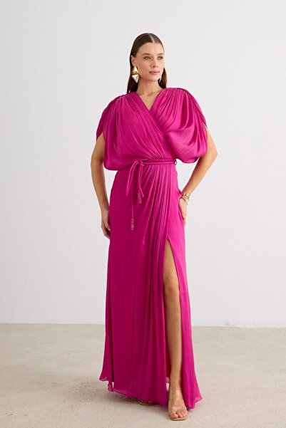 Carmen Fuşya Yırtmaçlı Kemerli Organze Abiye Elbise