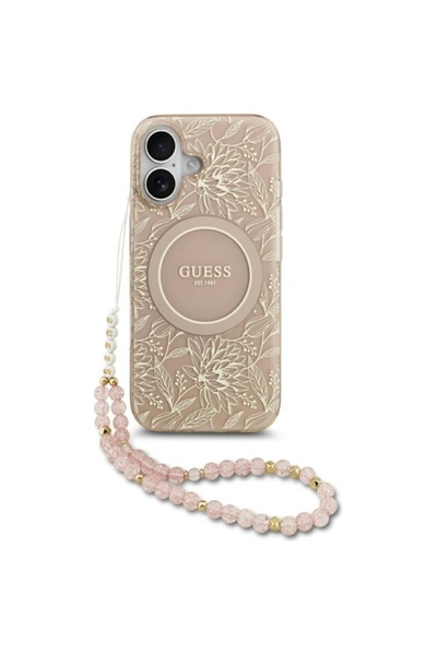 Guess Carcasă pentru iPhone 17, IML Flowers cu curea din perle MagSafe, - Roz
