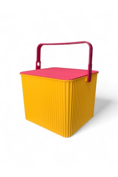 Saban Yellow - Pink, Square Serrated Plastic Cleaning Bucket – with Handle, Portable, Toy Bucket, Flower Pot 11 L