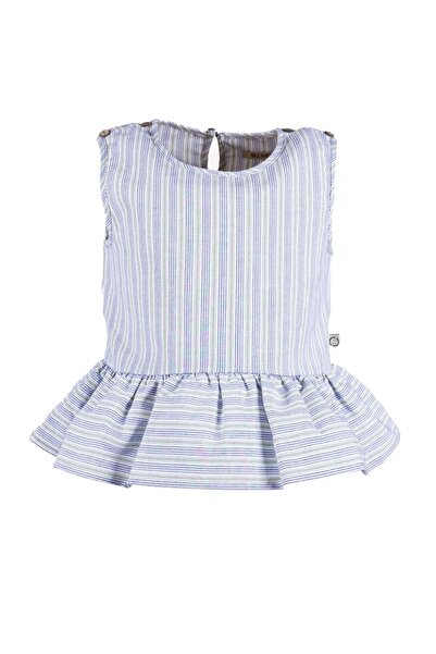 Ozmoz By Mukadder Özden 100% Cotton Blue Striped Wide Flared Summer Girl's Blouse