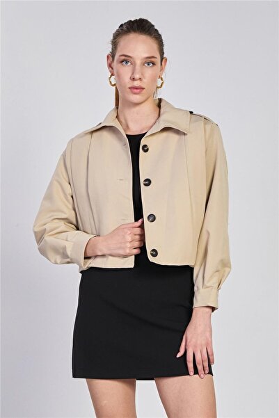 BARRELS AND OIL Kadın Pileli Kısa Trençkot - Taş