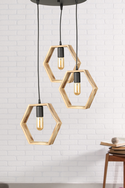 Begüsa Altıgen 3.Lü Ahşap Avize