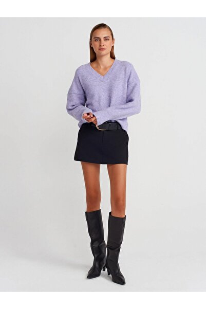 Moda Asrın V Yaka Yün Karışımlı Triko Kazak-Lila
