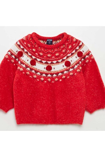 KIABI Warm jacquard pattern jumper with pompoms RED
