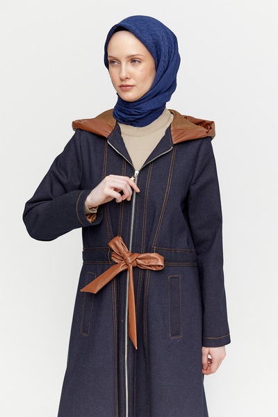 Setrms Deri Detaylı Kapüşonlu Pardösü