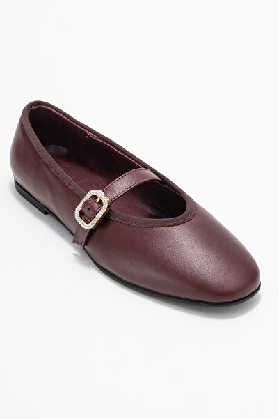 Dericlub Women's Single Strap Ballerina Shoes Real Leather Rg 819 Bordo