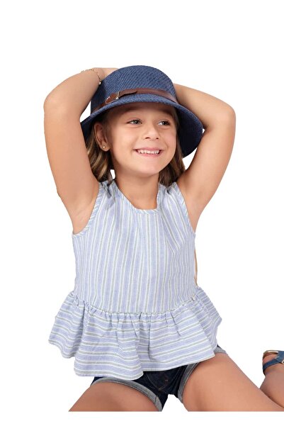 Ozmoz By Mukadder Özden 100% Cotton Blue Striped Wide Flared Summer Girl's Blouse